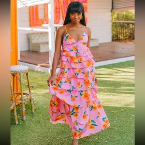 Pink sunflower print ruffle tiered maxi dress. Size large